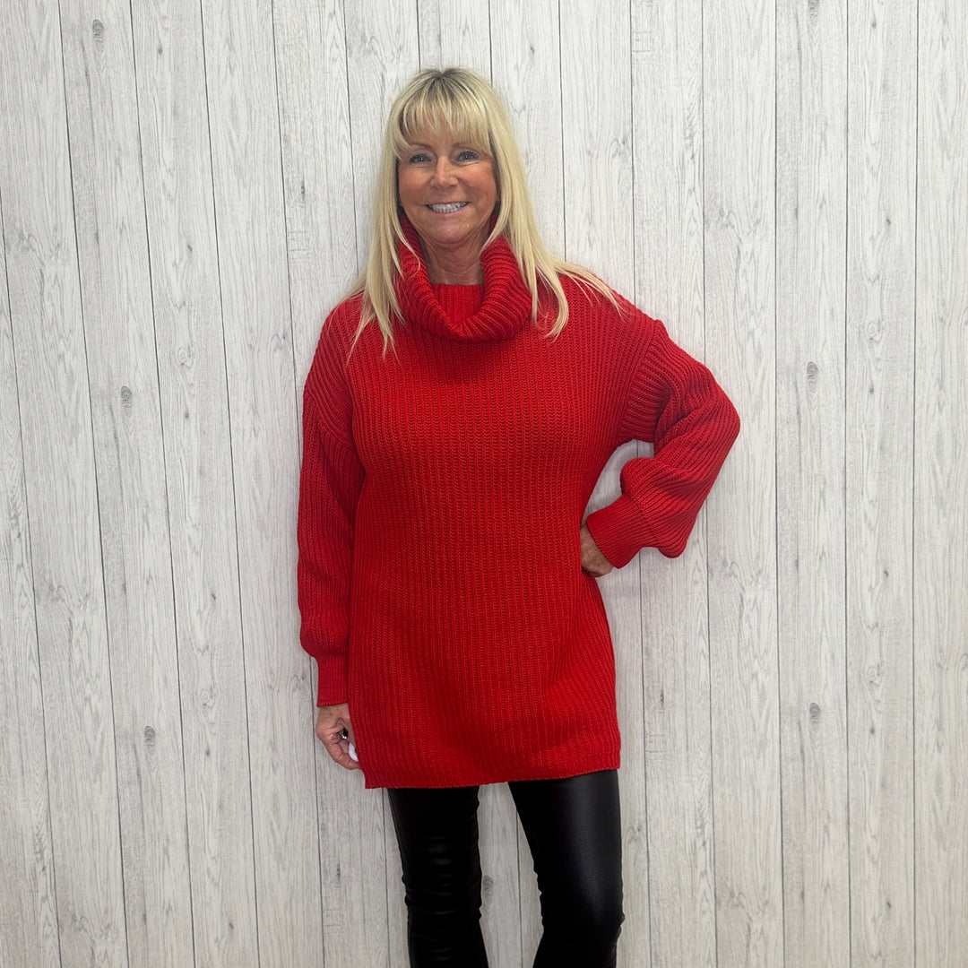 Ellie Ribbed Cowl Neck Long Jumper Red – Sugarplum Boutique Home