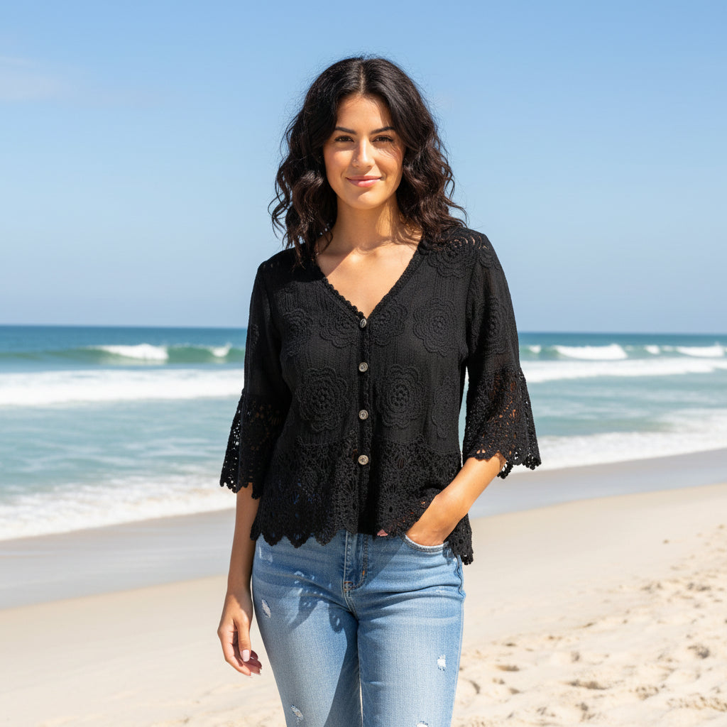 Ellis Black Cotton Crochet Hem Button Cardigan - Sugarplum Boutique