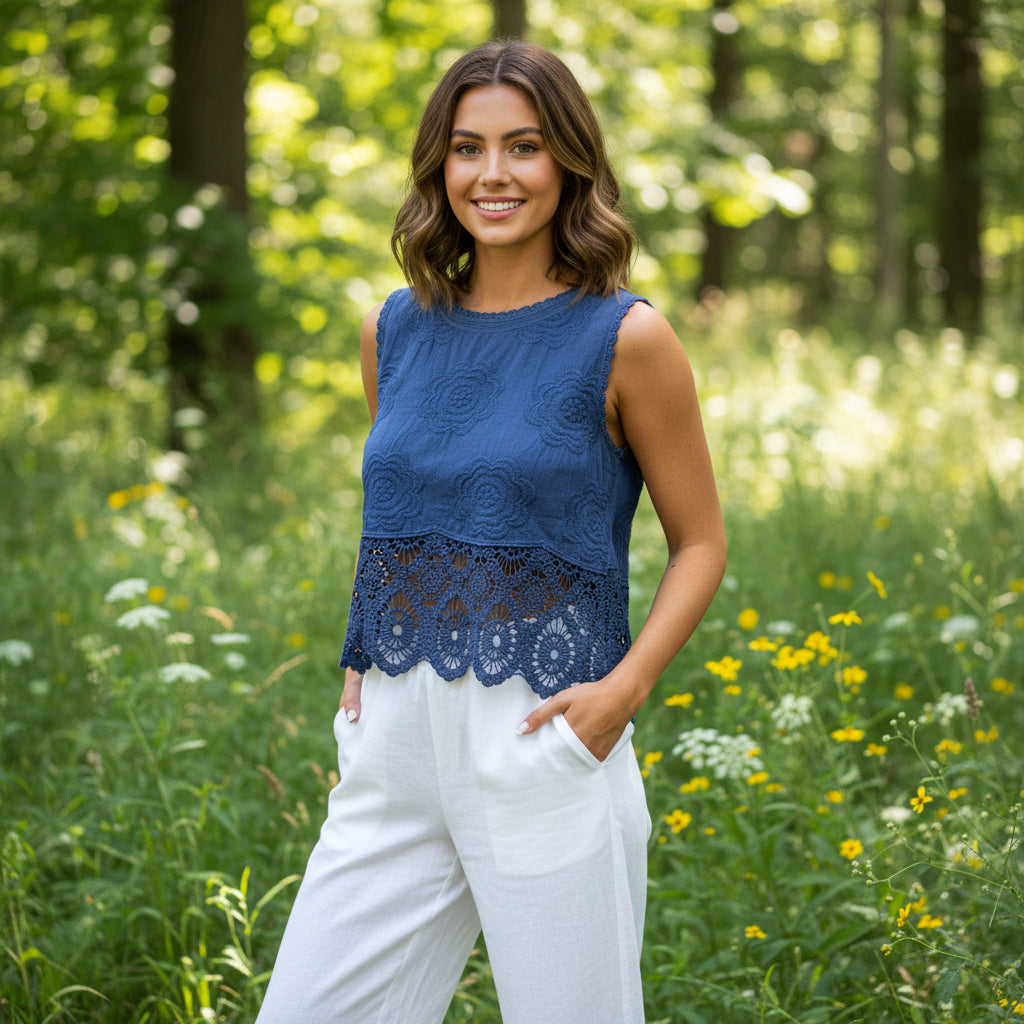 Ellis Cotton Crochet Hem Denim Blue Sleeveless Top - Sugarplum Boutique