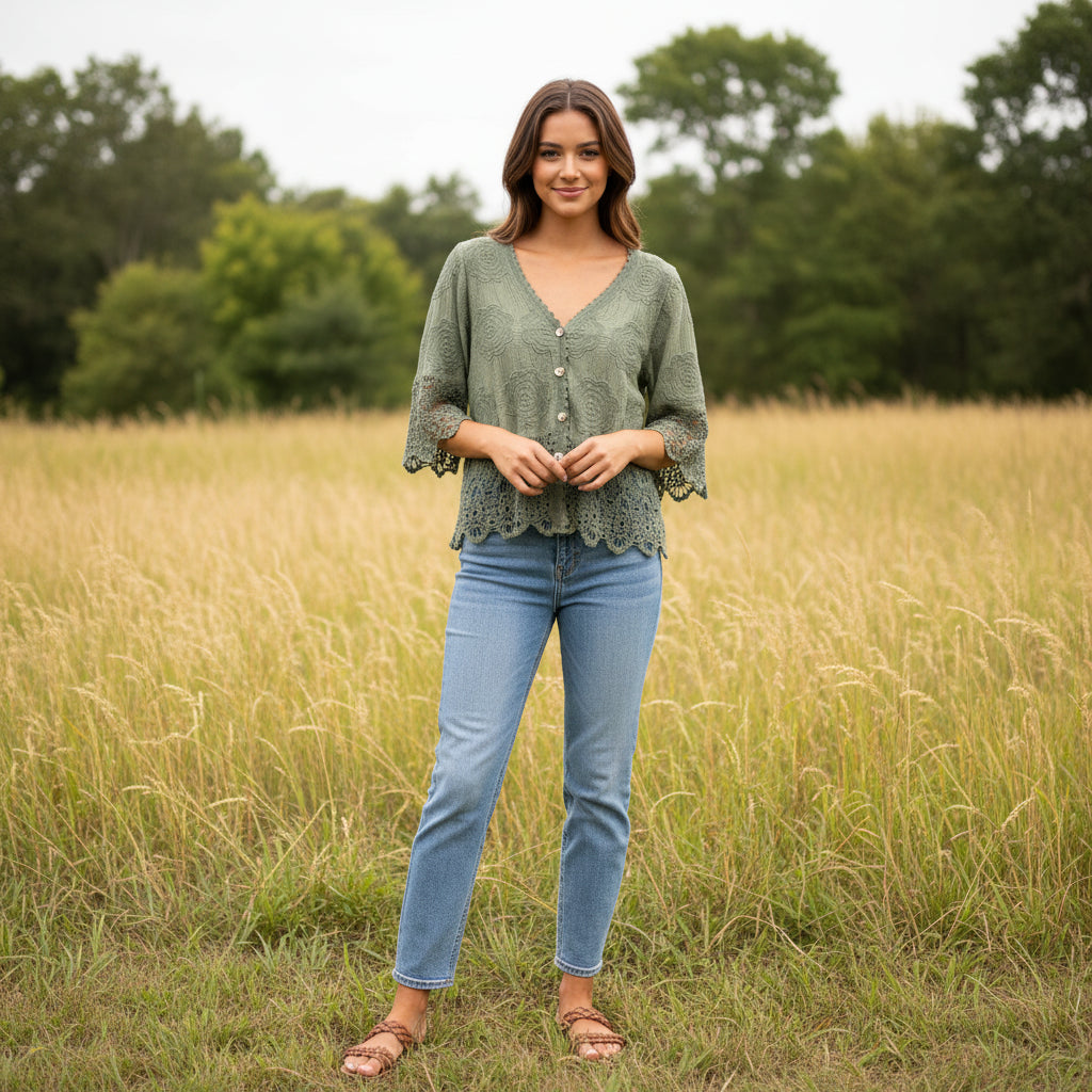 Ellis Khaki Green Cotton Crochet Hem Button Cardigan - Sugarplum Boutique