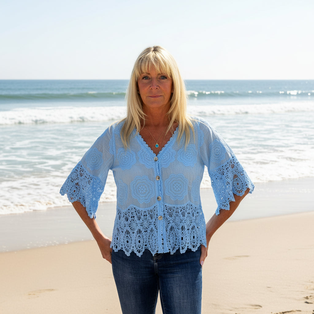 Ellis Light Blue Cotton Crochet Hem Button Cardigan - Sugarplum Boutique