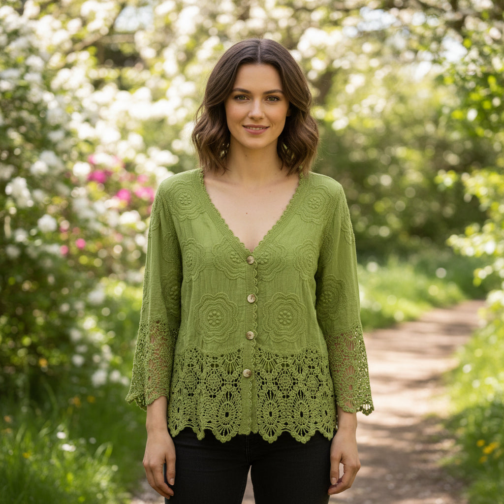 Ellis Lime Green Cotton Crochet Hem Button Cardigan - Sugarplum Boutique