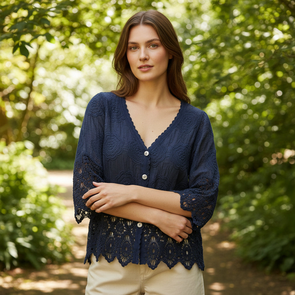Ellis Navy Blue Cotton Crochet Hem Button Cardigan - Sugarplum Boutique