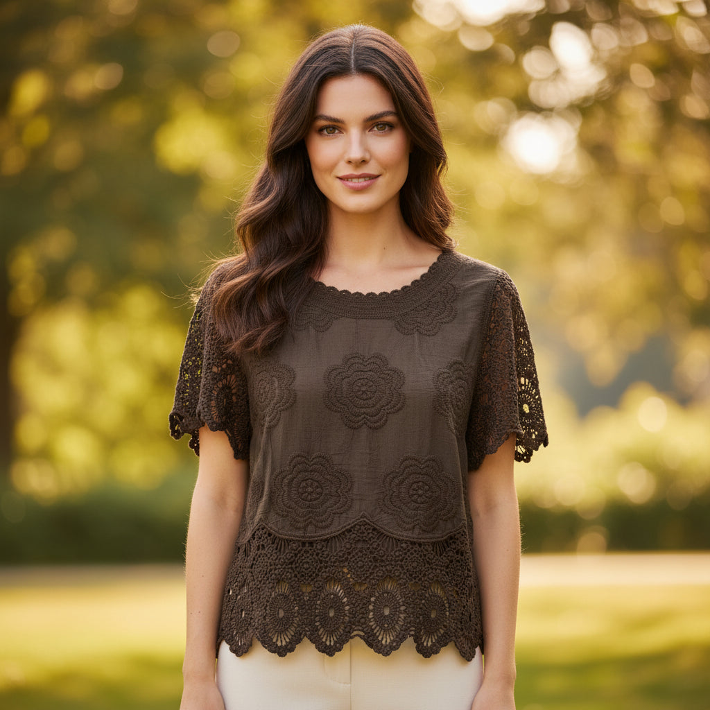 Ellis Short Sleeve Chocolate Brown Cotton Crochet Hem Top - Sugarplum Boutique