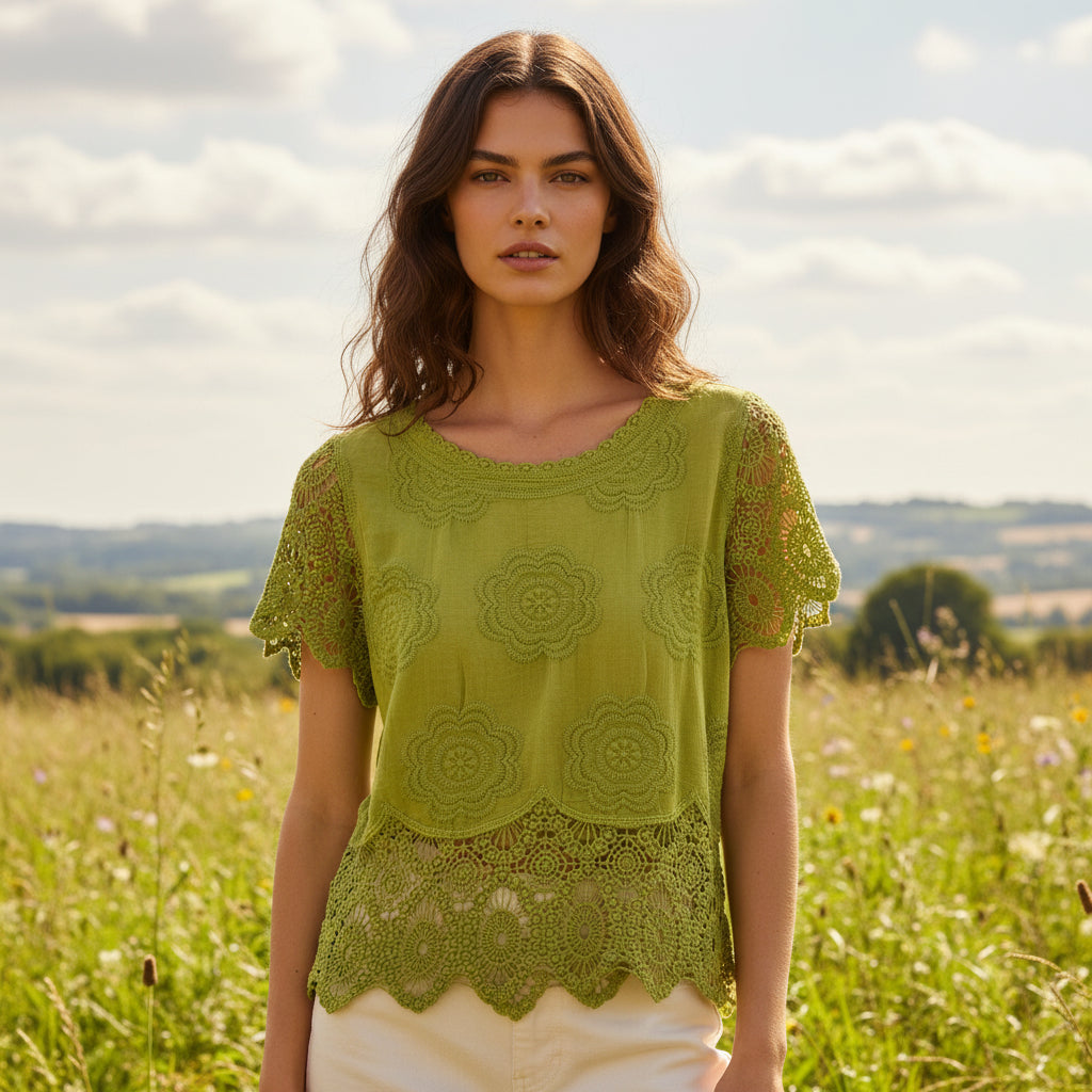 Ellis Short Sleeve Lime Green Cotton Crochet Hem Top - Sugarplum Boutique