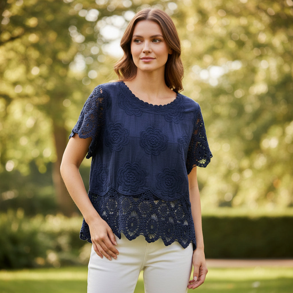 Ellis Short Sleeve Navy Blue Cotton Crochet Hem Top - Sugarplum Boutique