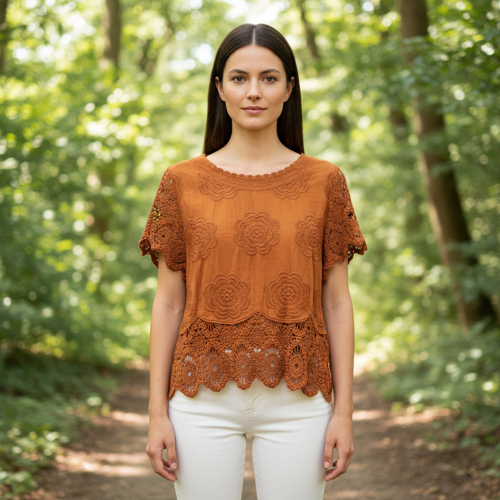 Ellis Short Sleeve Rust Brown Cotton Crochet Hem Top - Sugarplum Boutique