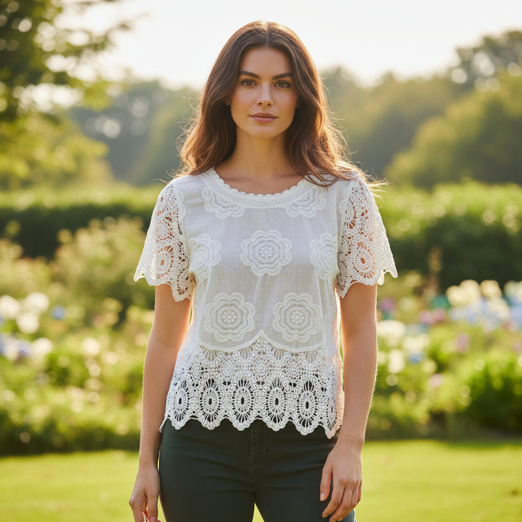 Ellis Short Sleeve White Cotton Crochet Hem Top - Sugarplum Boutique