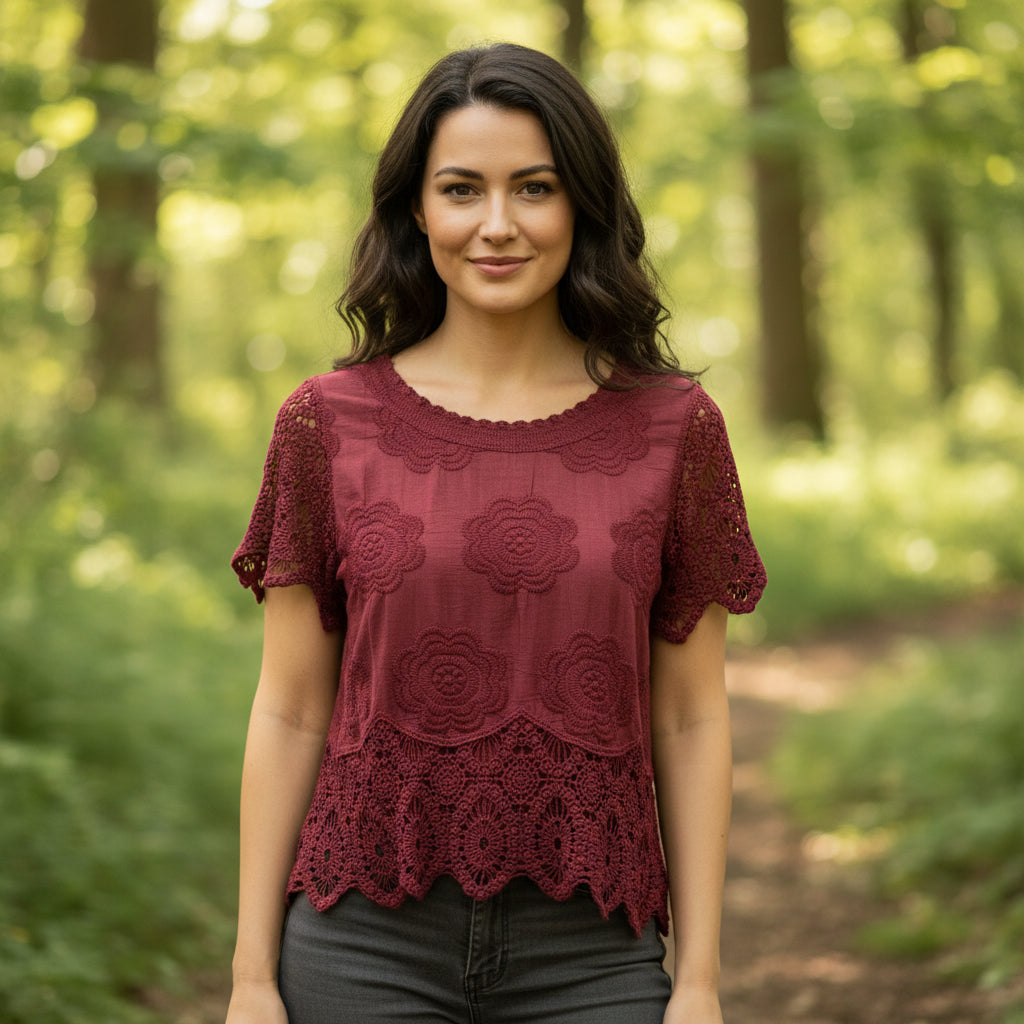 Ellis Short Sleeve Wine Red Cotton Crochet Hem Top - Sugarplum Boutique