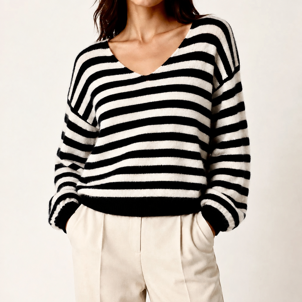 Elsa Black Stripe V Neck Jumper -  Sugarplum Boutique