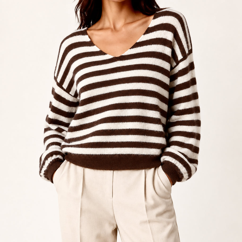 Elsa Chocolate Brown Stripe V Neck Jumper - Sugarplum Boutique