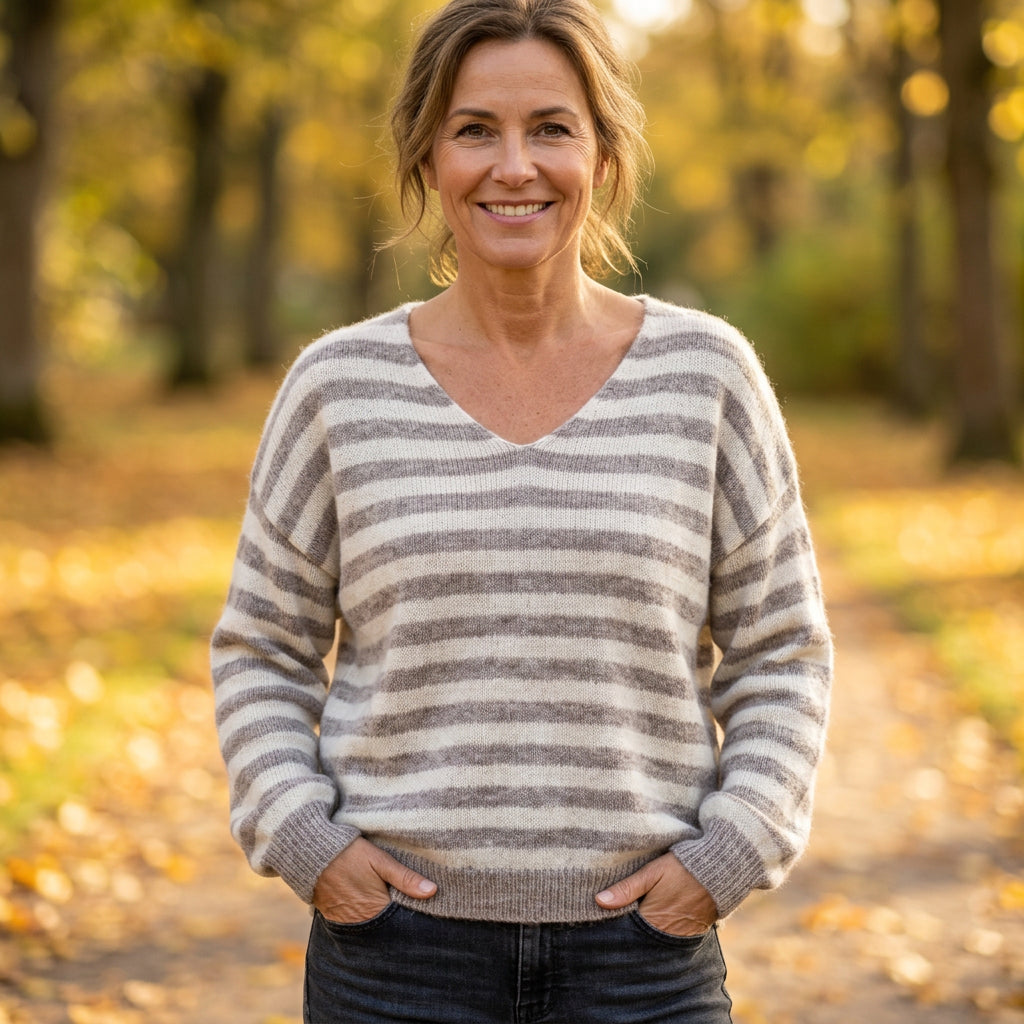 Elsa Mocha Brown Stripe V Neck Jumper - Sugarplum Boutique