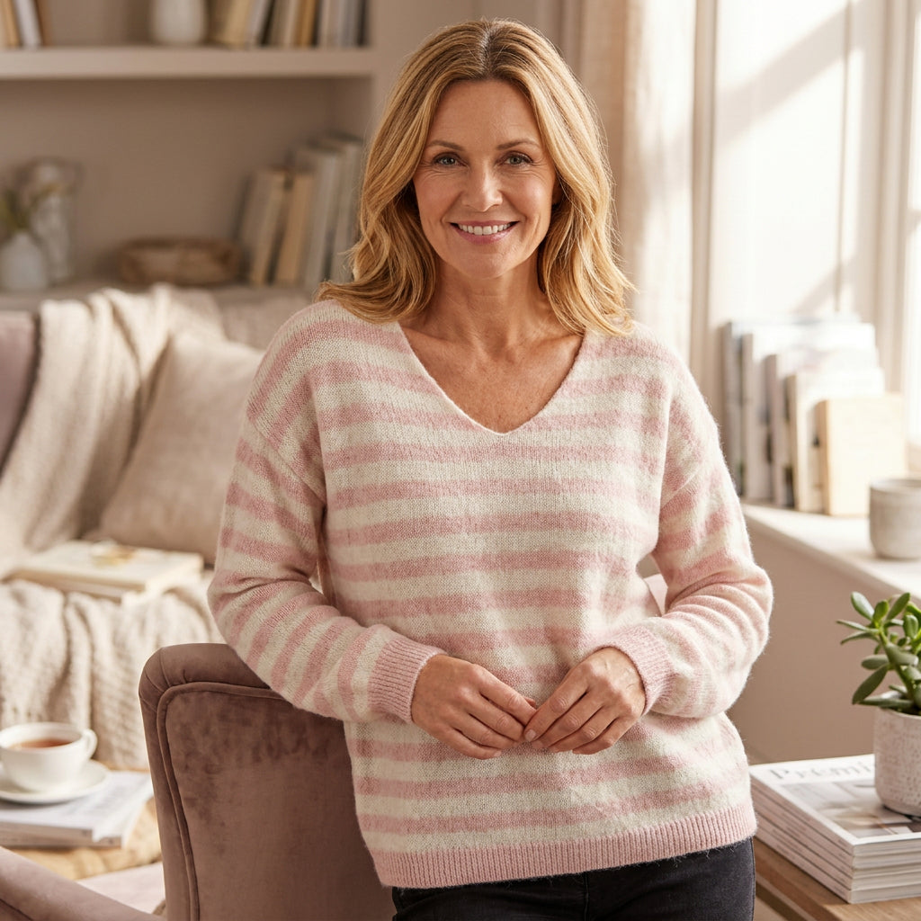 Elsa Vintage Pink Stripe V Neck Jumper - Sugarplum Boutique