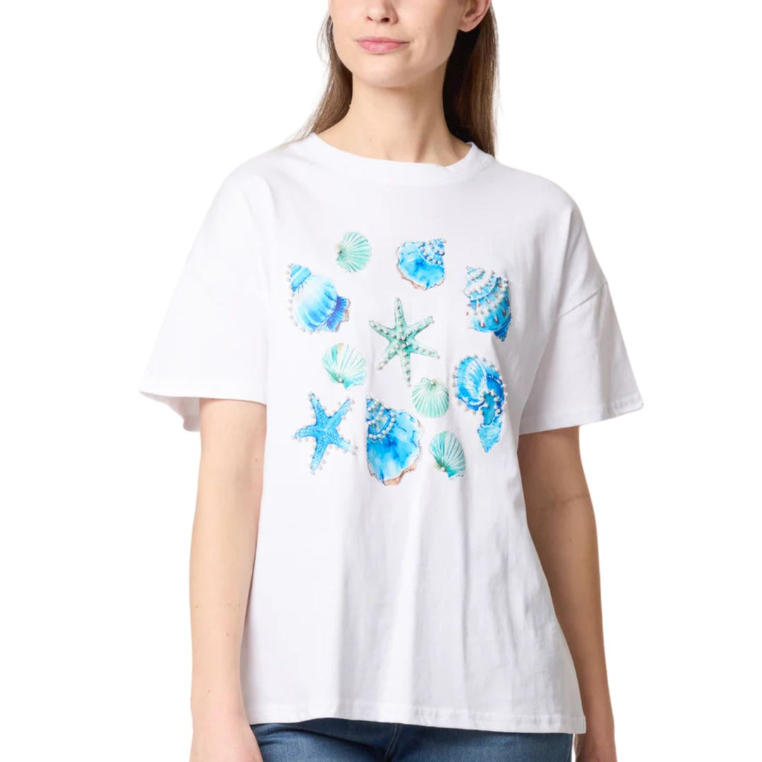 Embellished White Cotton Shells T-Shirt - Sugarplum Boutique