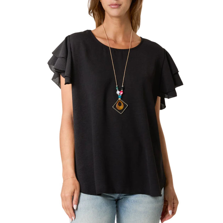 Emmie Frill Sleeve Two Piece Necklace Top Navy Blue - Sugarplum Boutique