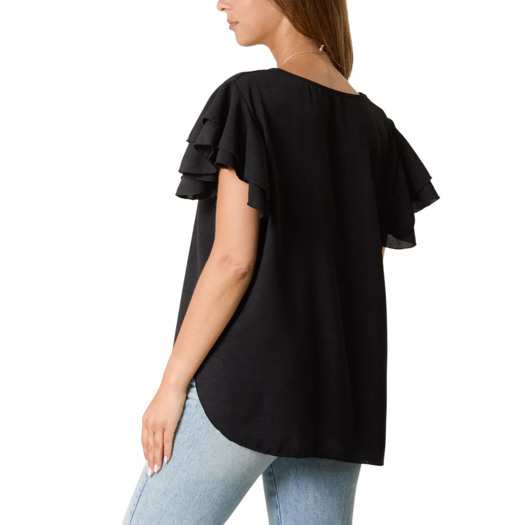 Emmie Frill Sleeve Two Piece Necklace Top Navy Blue - Sugarplum Boutique
