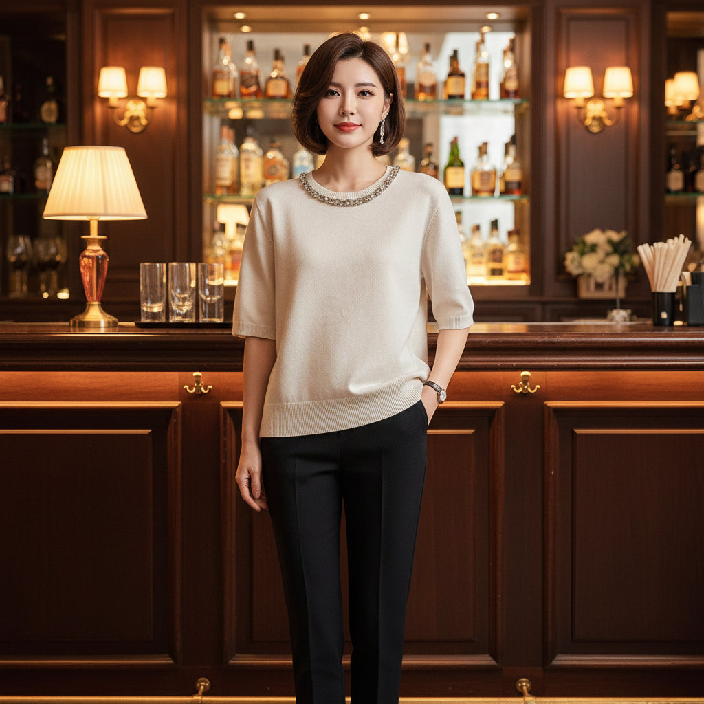 Estelle Jewelled Neck Cream Short Sleeve Jumper - Sugarplum Boutique