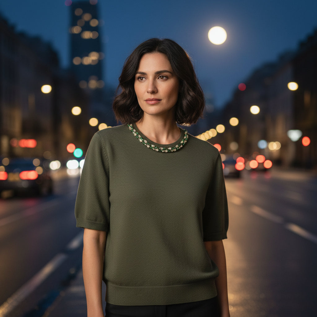 Estelle Jewelled Neck Khaki Green Short Sleeve Jumper - Sugarplum Boutique