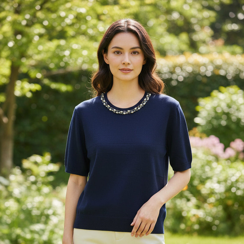 Estelle Jewelled Neck Navy Blue Short Sleeve Jumper - Sugarplum Boutique