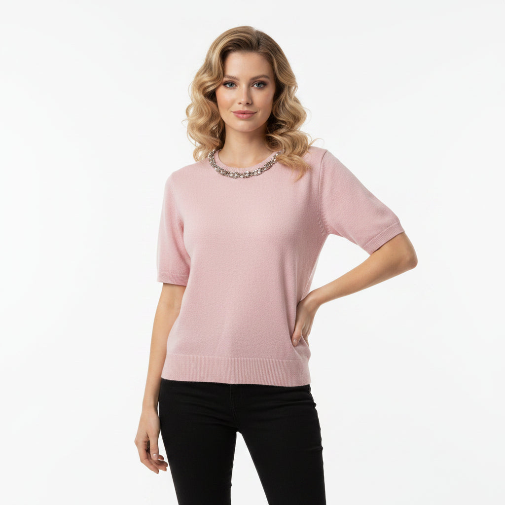 Estelle Jewelled Neck Vintage Pink Short Sleeve Jumper -Sugarplum Boutique