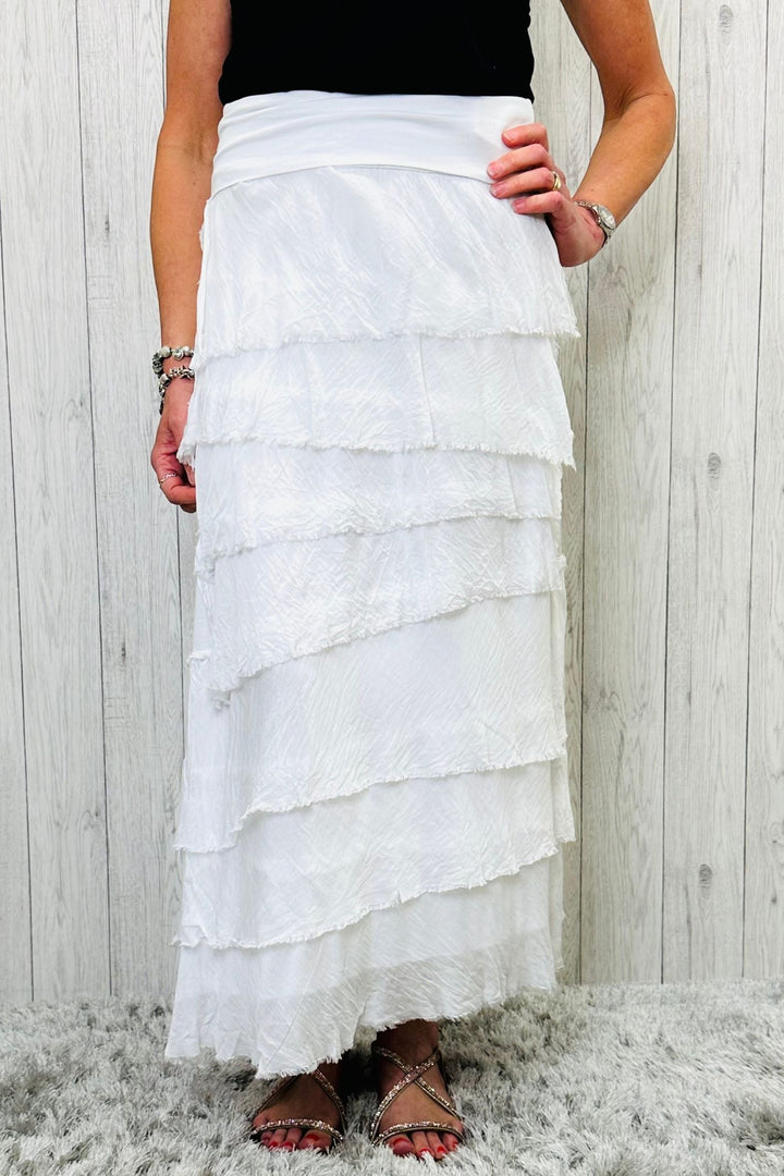 Evelyn Silk Tier Skirt White - Sugarplum Boutique