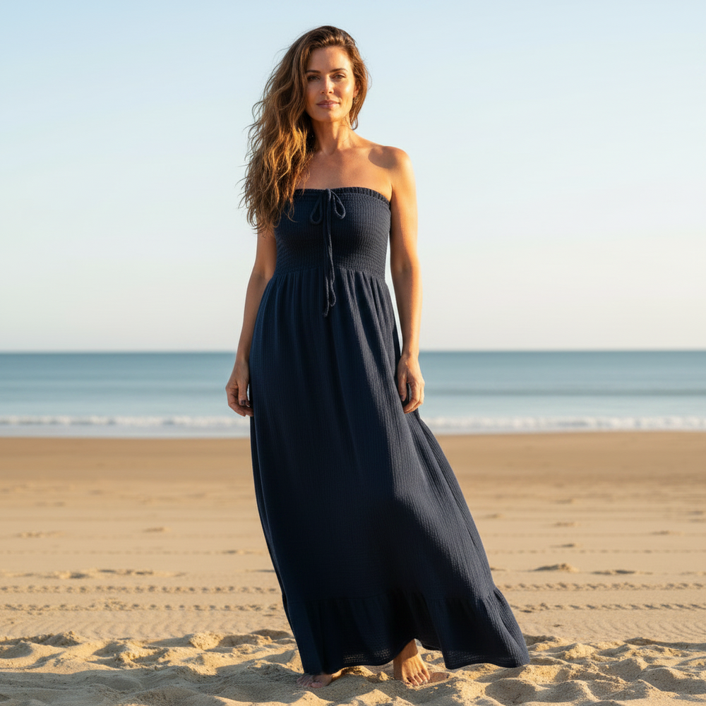 Evelyn Strapless Navy Blue Cotton Cheesecloth Maxi Dress - Sugarplum Boutique