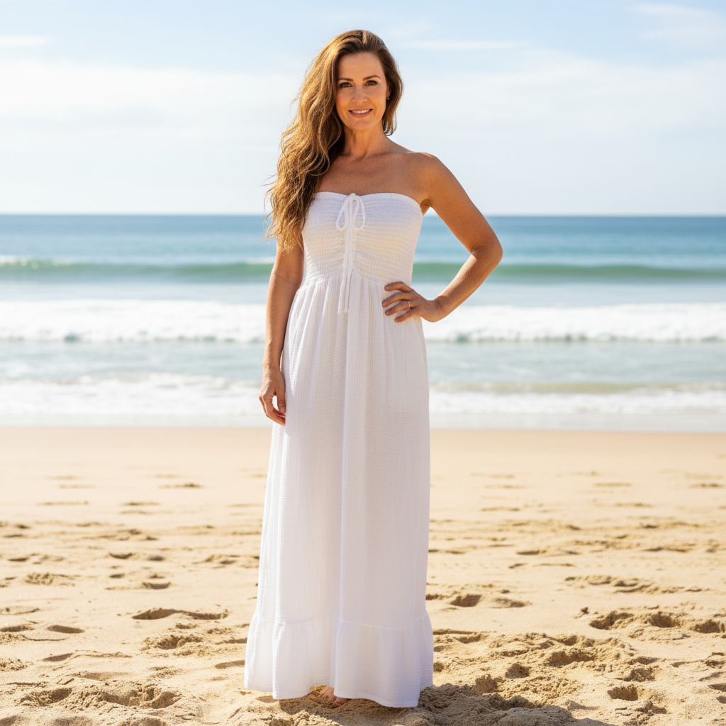 Evelyn Strapless White Cotton Cheesecloth Maxi Dress - Sugarplum Boutique