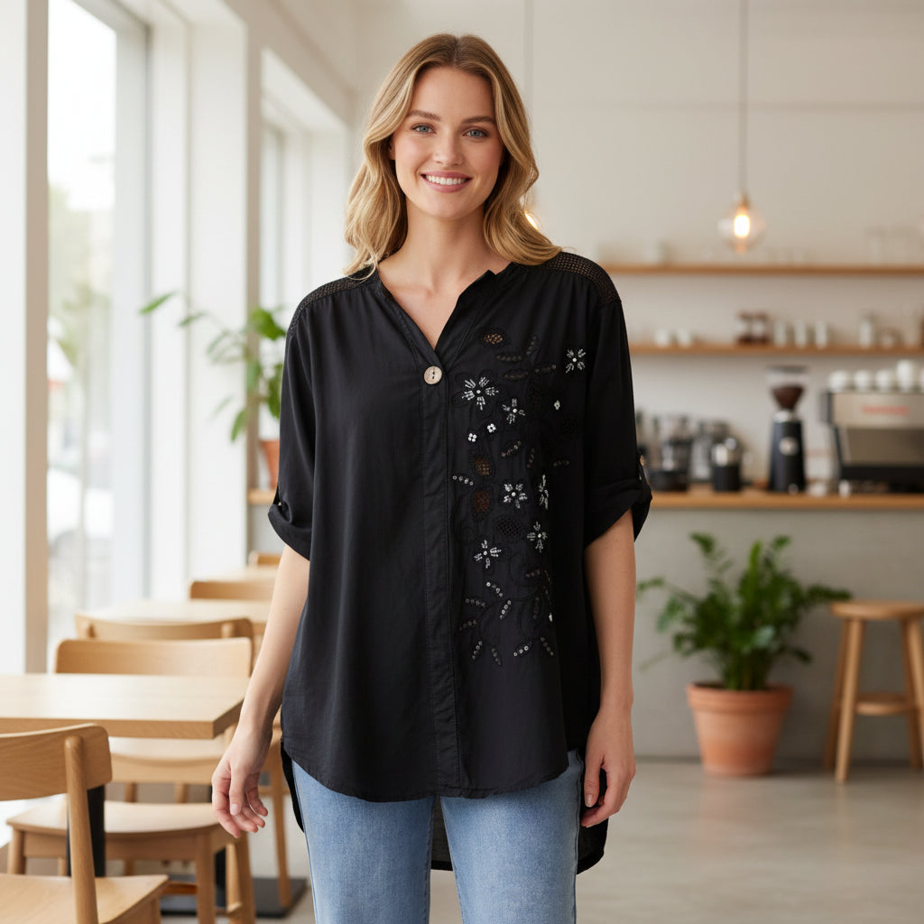 Evie Embellished Black Cotton Cut Out Floral Shirt Top - Sugarplum Boutique