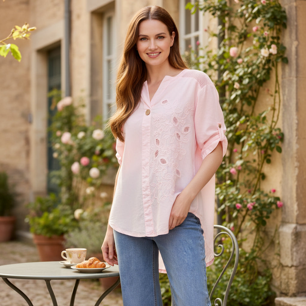 Evie Embellished Pink Cotton Cut Out Floral Shirt Top - Sugarplum Boutique
