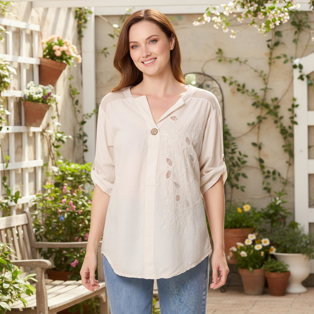 Evie Embellished Stone Cotton Cut Out Floral Shirt Top - Sugarplum Boutique