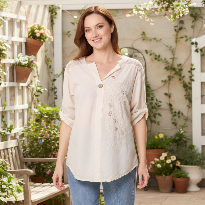 Evie Embellished Stone Cotton Cut Out Floral Shirt Top - Sugarplum Boutique