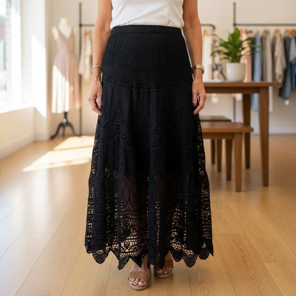 Fable Black Cotton Crochet Lined Boho Maxi Skirt - Sugarplum Boutique