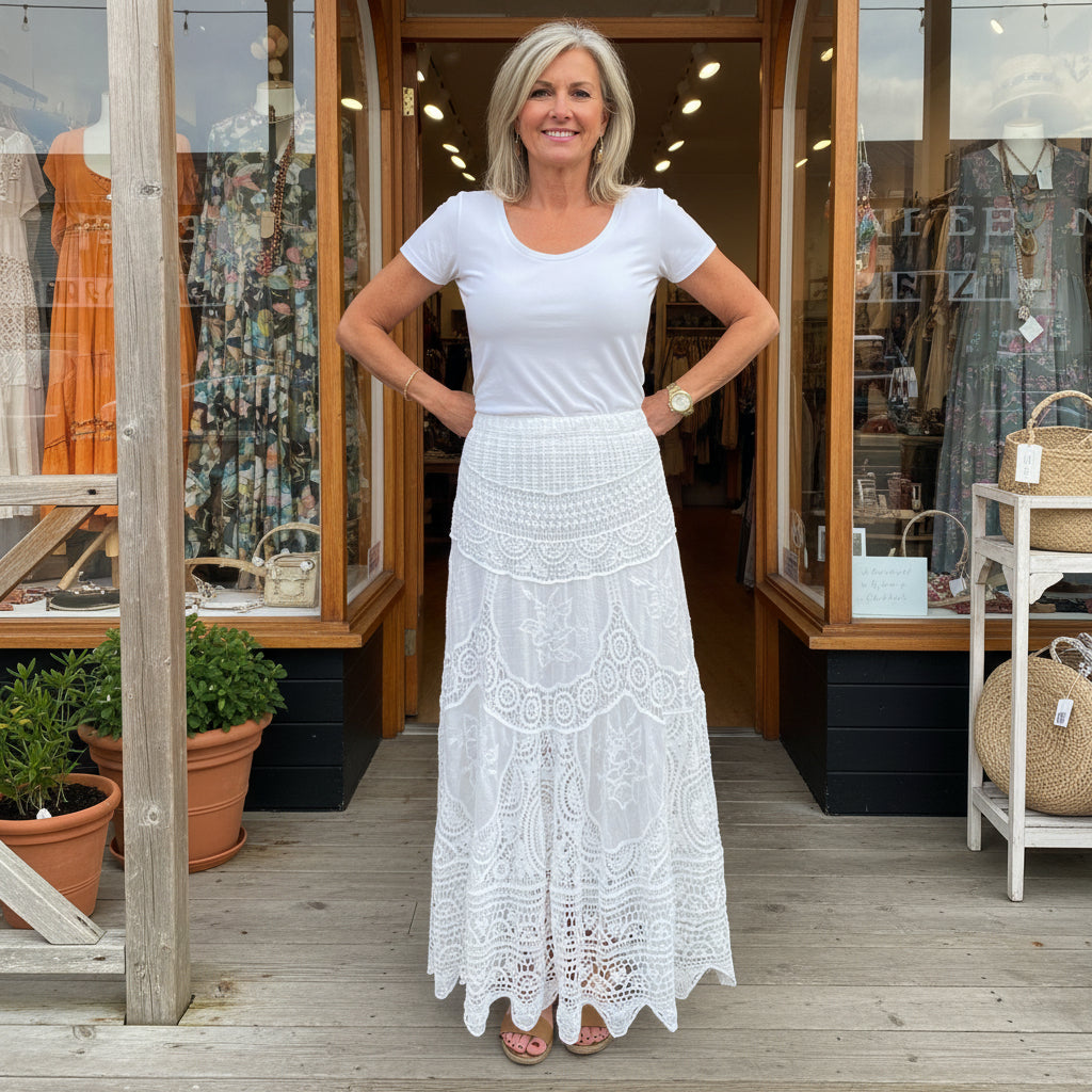 Fable White Cotton Crochet Lined Boho Maxi Skirt - Sugarplum Boutique