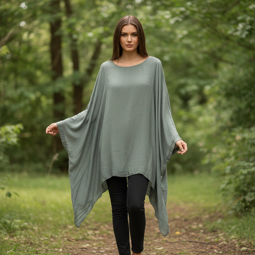 Faith Floaty Silk Khaki Green Waterfall Style Top - Sugarplum Boutique