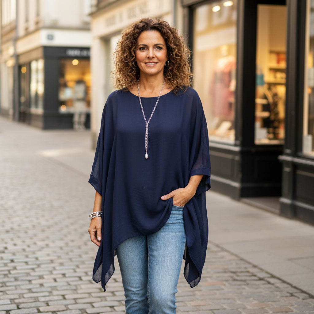 Faith Floaty Silk Navy Blue Waterfall Style Top - Sugarplum Boutique