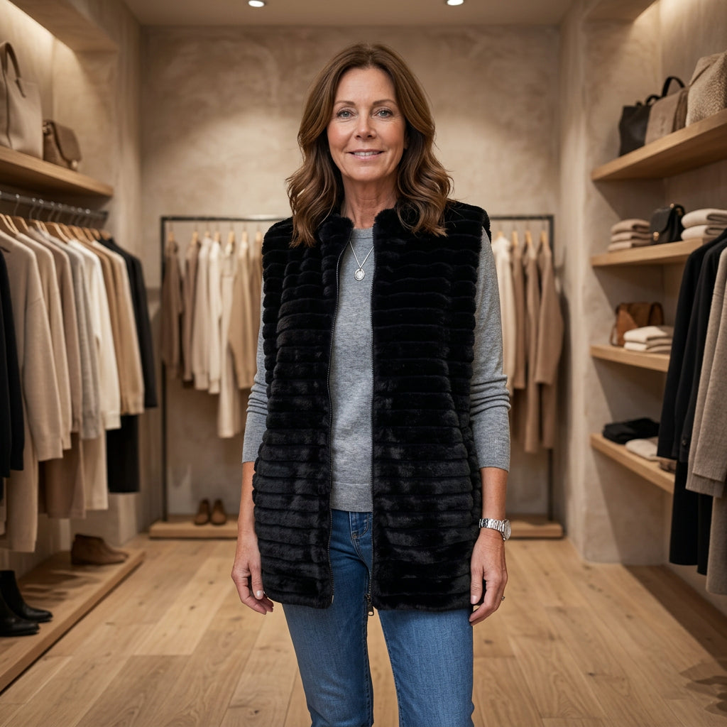 Fenella Faux Fur Black Rib Gilet - Sugarplum Boutique