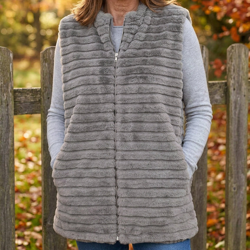 Fenella Faux Fur Grey Rib Gilet - Sugarplum Boutique