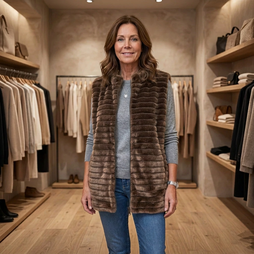Fenella Faux Fur Mocha Brown Rib Gilet - Sugarplum Boutique