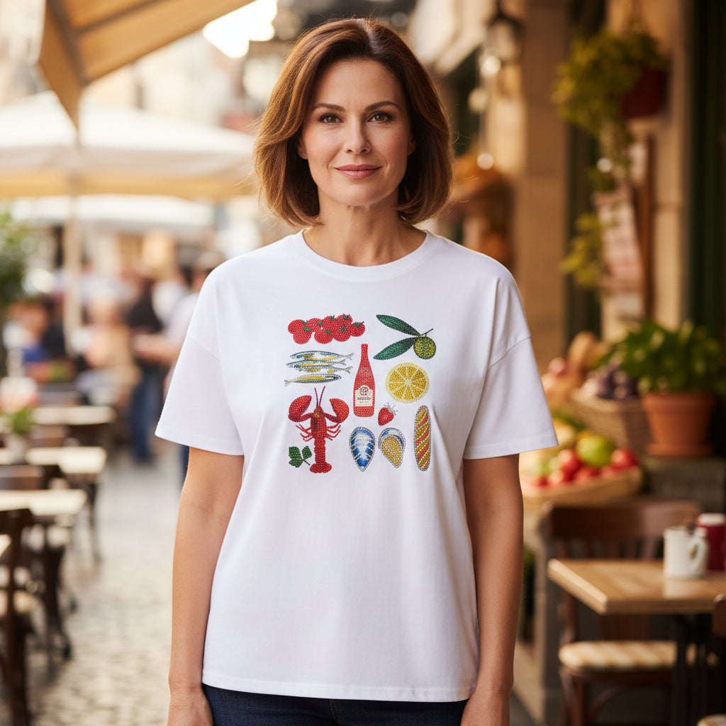 Fenella White Cuisine Embellished Cotton T-Shirt - Sugarplum Boutique