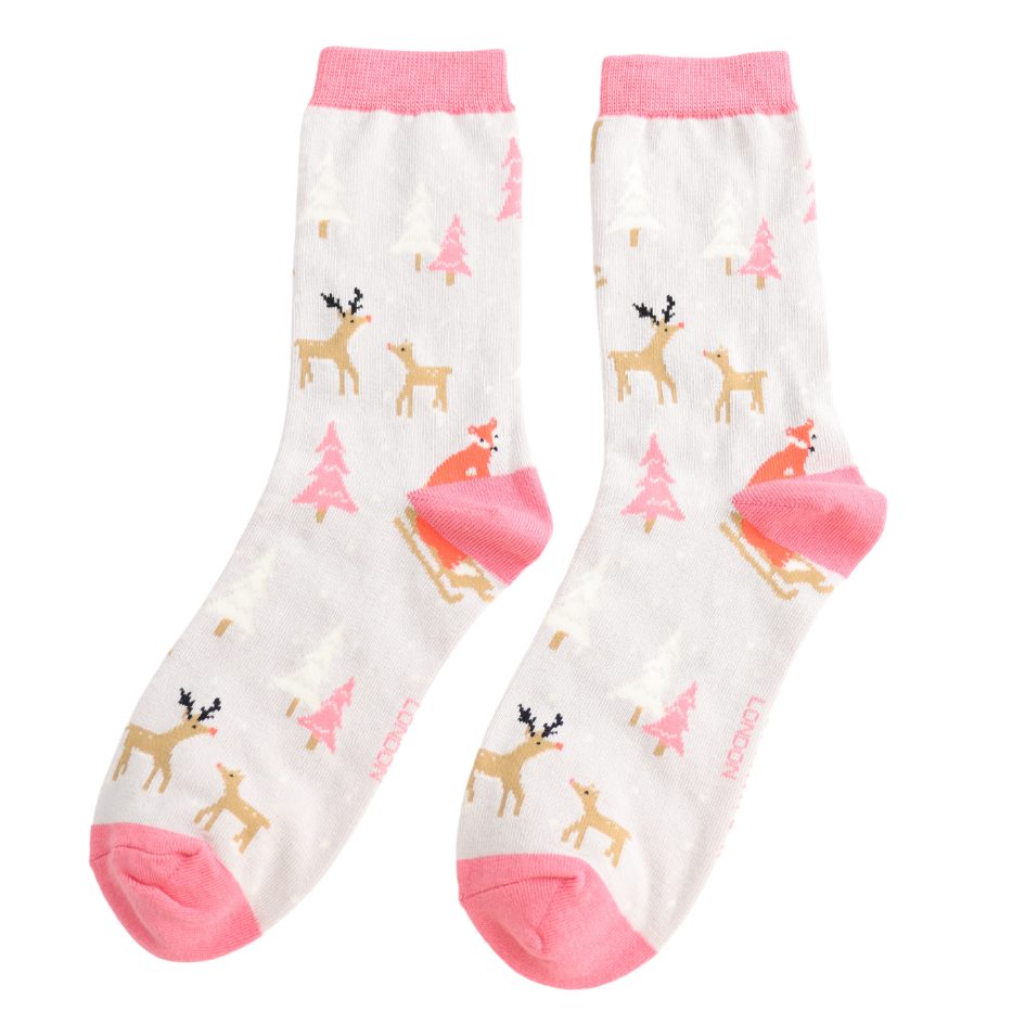 Festive Foxes Reindeers Ladies Bamboo Socks Silver - Sugarplum Boutique