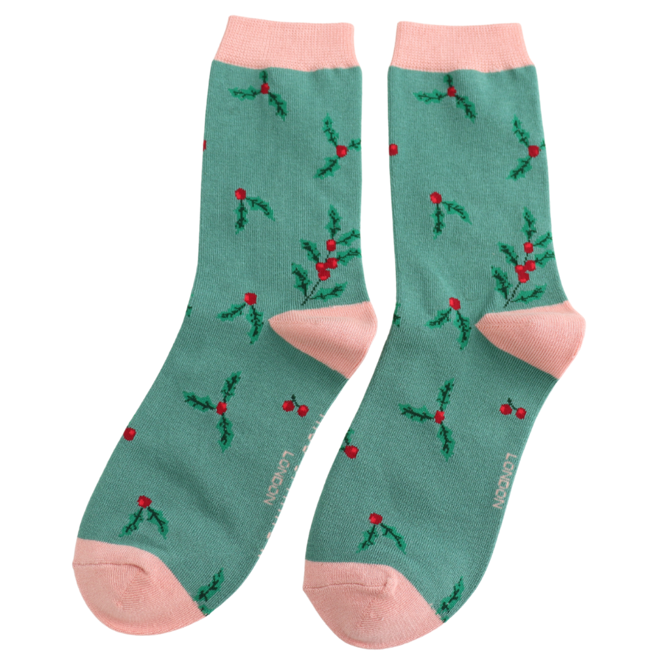 Festive Holly Sprigs Ladies Bamboo Socks Green - Sugarplum Boutique