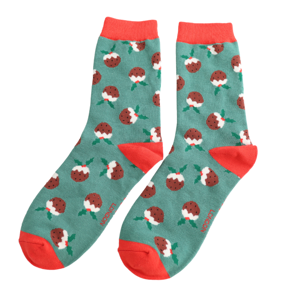 Festive Christmas Pudding Ladies Bamboo Socks Green - Sugarplum Boutique