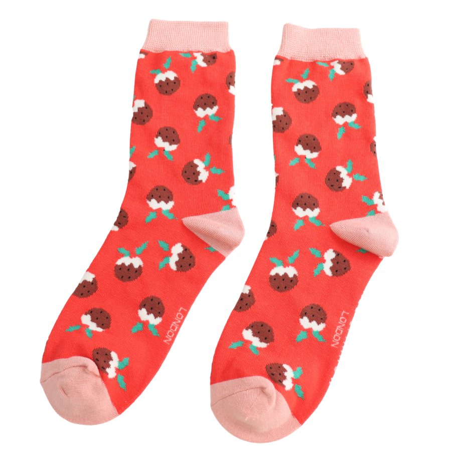 Festive Christmas Pudding Ladies Bamboo Socks Red - Sugarplum Boutique