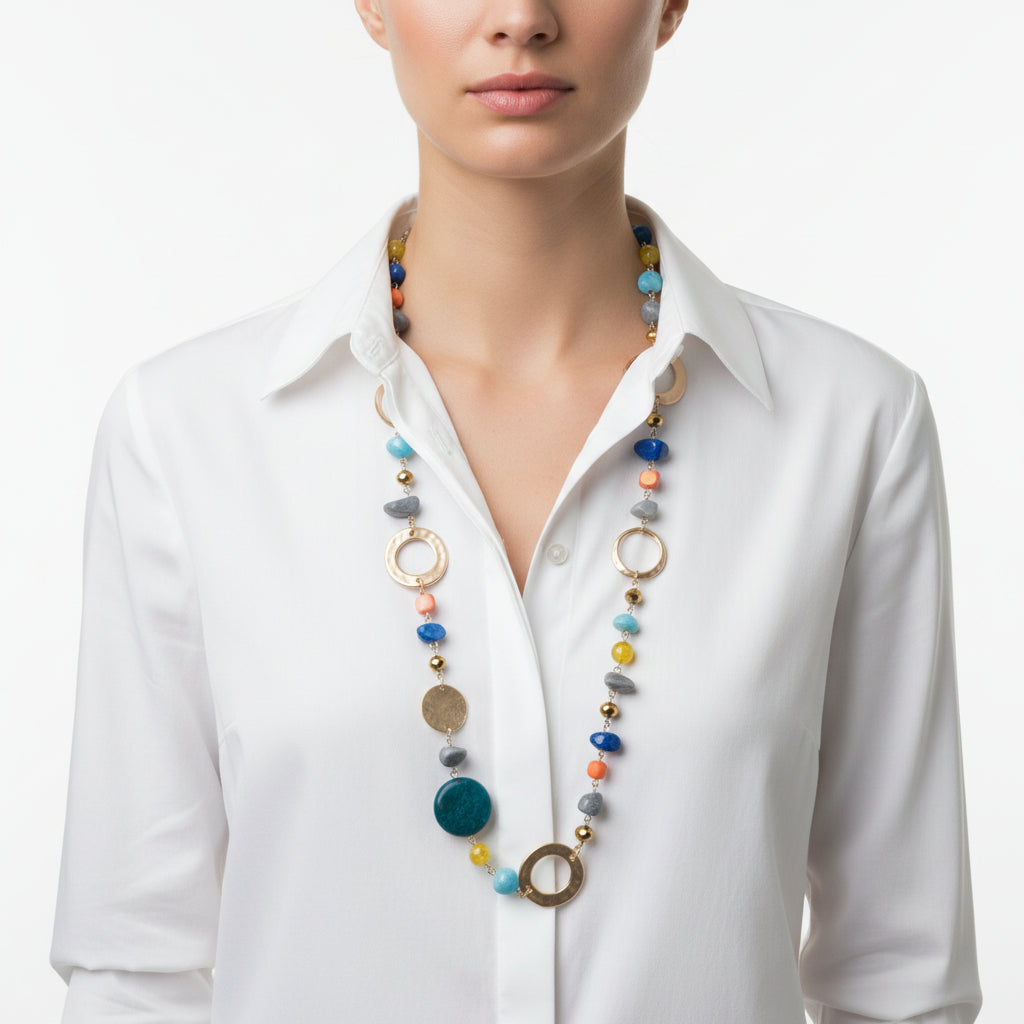 Fiesta Blue Stones Gold Circles Long Necklace - Sugarplum Boutique
