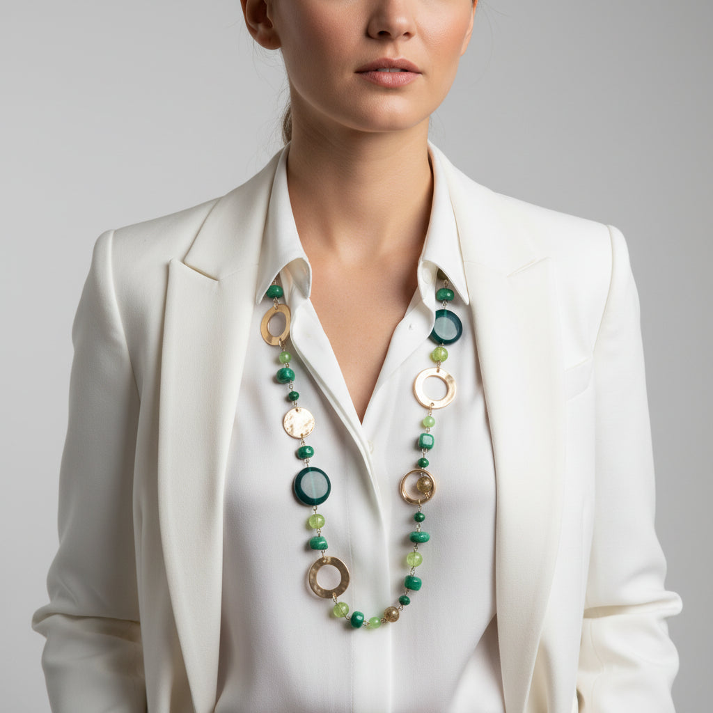 Fiesta Green Stones Gold Circles Long Necklace - Sugarplum Boutique