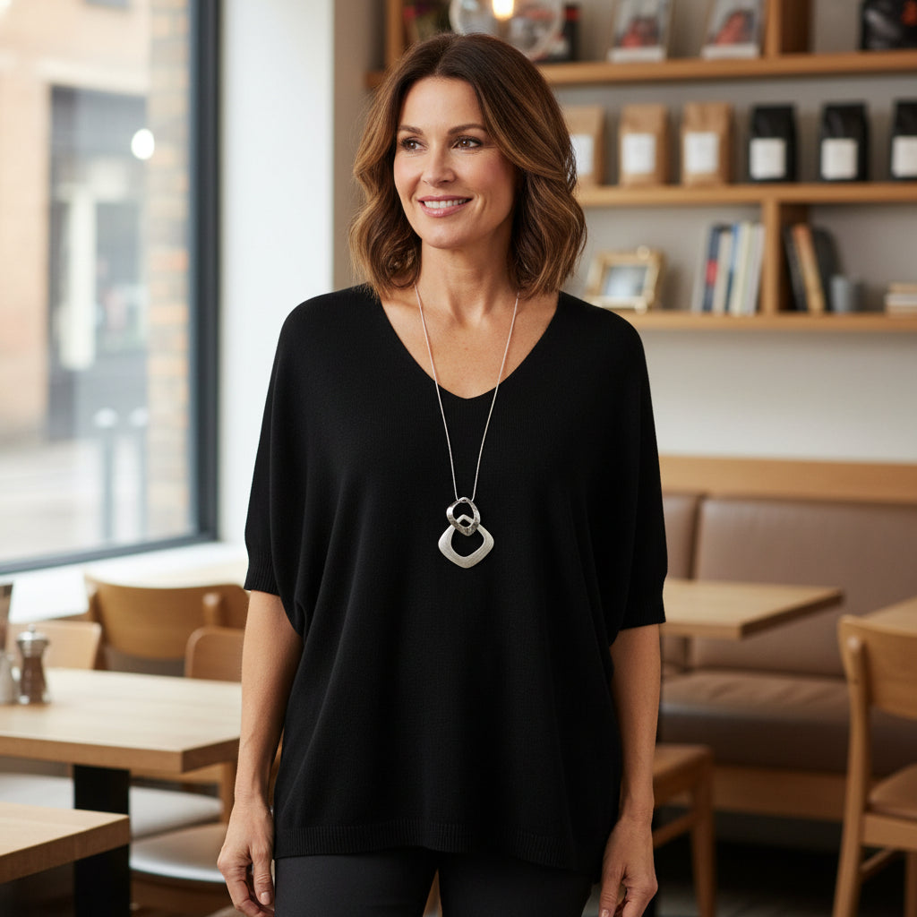 Fiona Fine Knit Black 3/4 Sleeve Jumper - Sugarplum Boutique