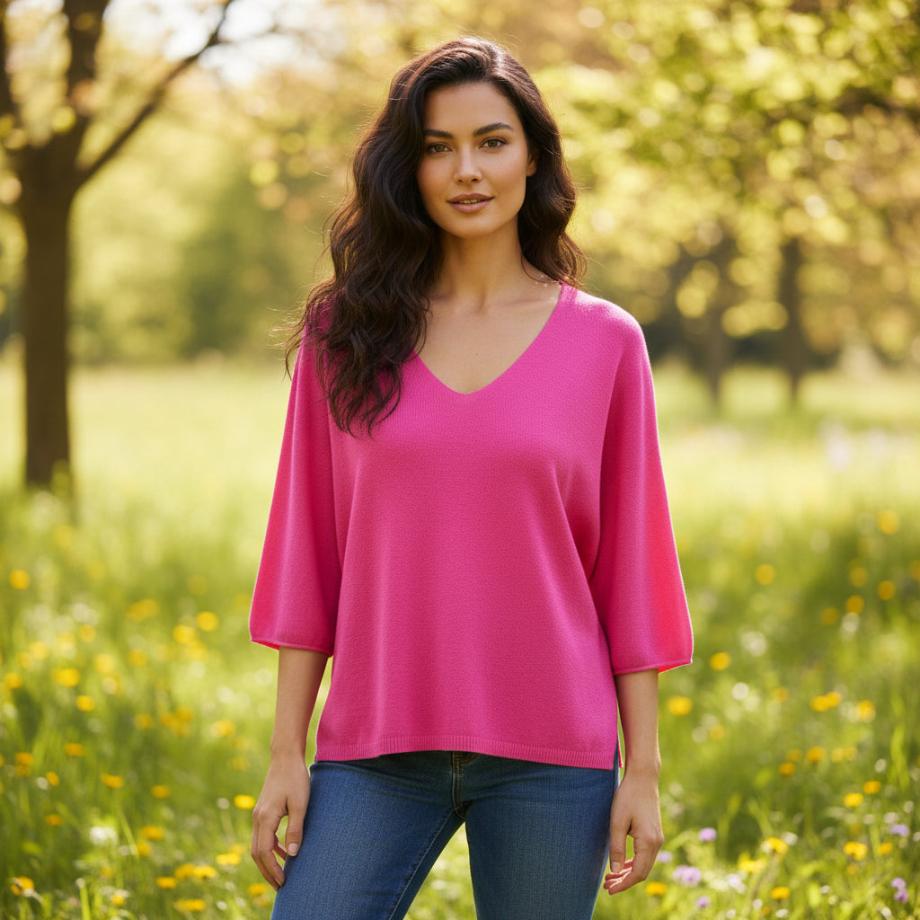 Fiona Fine Knit Cerise Pink 3/4 Sleeve Jumper - Sugarplum Boutique