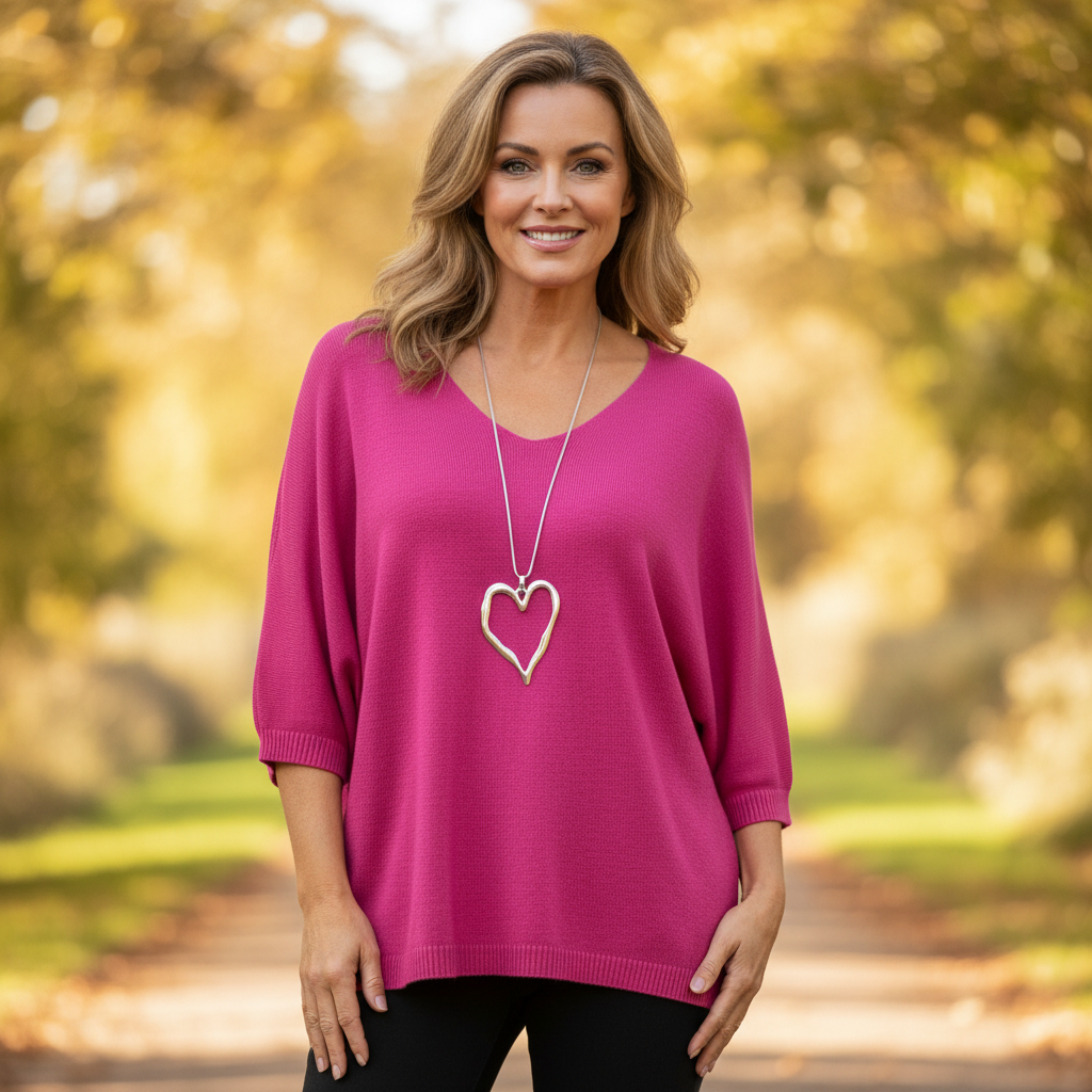 Fiona Fine Knit Cerise Pink 3/4 Sleeve Jumper - Sugarplum Boutique