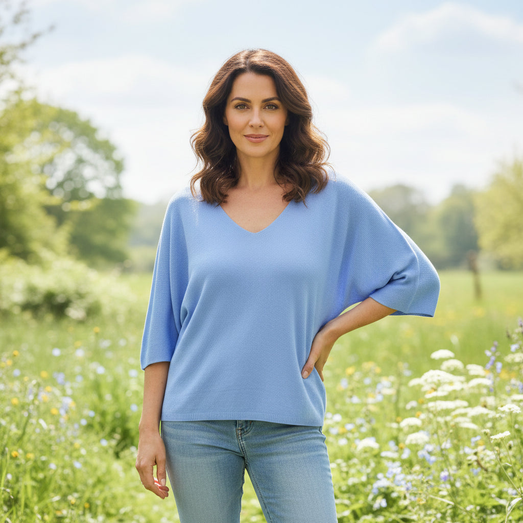Fiona Fine Knit Light Denim Blue 3/4 Sleeve Jumper - Sugarplum Boutique