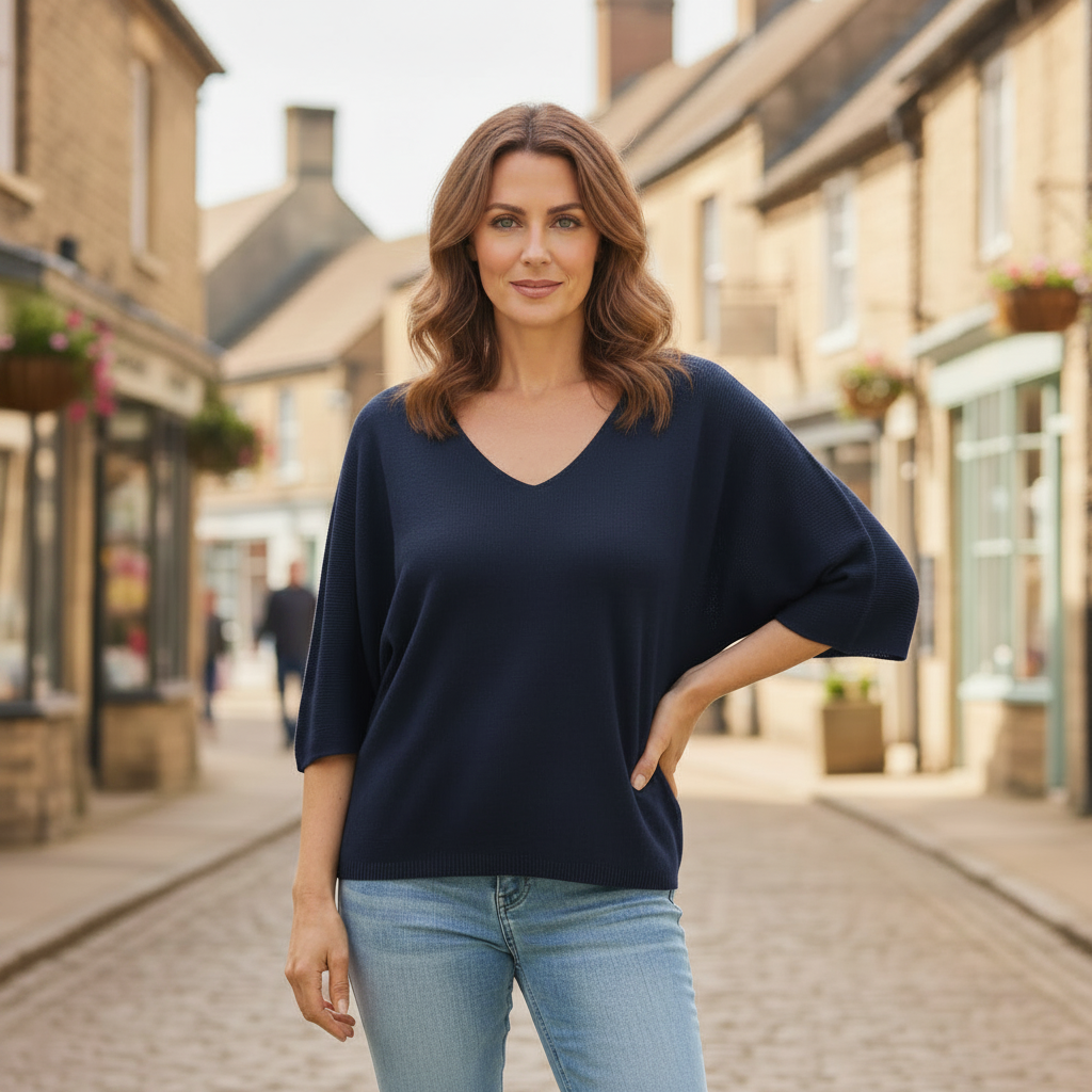 Fiona Fine Knit Navy Blue 3/4 Sleeve Jumper - Sugarplum Boutique